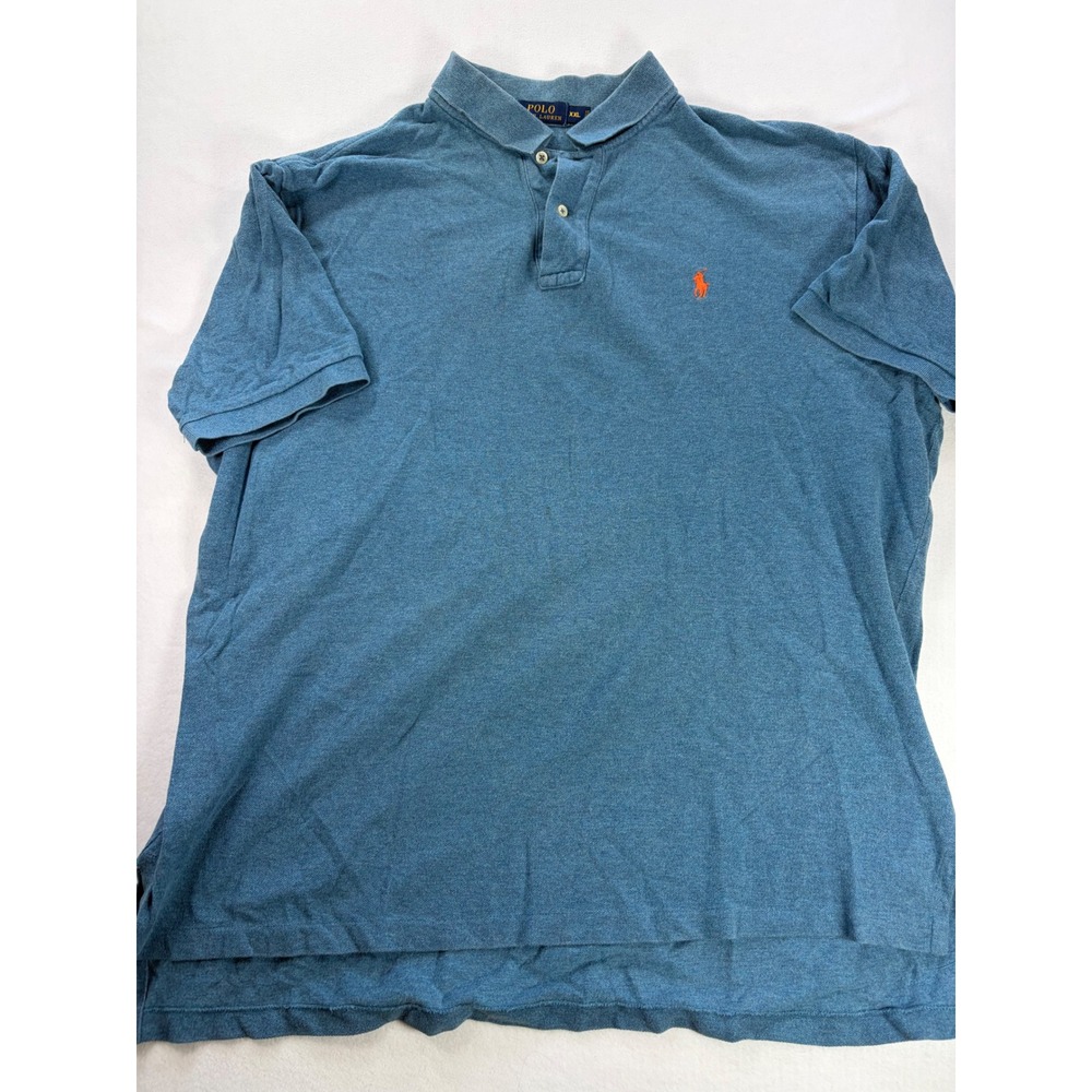 Polo Ralph Lauren Mens XXL Blue Heather Short Sleeve Pique Polo Orange Pony Logo